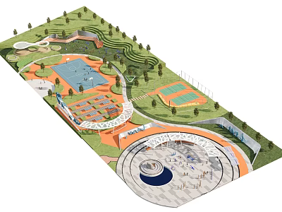 Park Landscape Design With Tennis Courts Green Areas Walking Paths And Circular Plaza 3d model