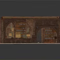 Vintage Library Interior With Wooden Bookshelves Arched Doorway And Decorative Rug