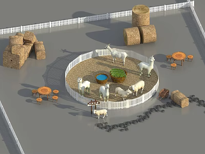 Park Landscape Featuring White Fenced Circular Area Llamas Hay Bales Tables And Chairs 3d model