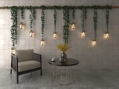 Stylish Single Sofa in Brick Wall Space with Green Vines Hanging Lantern Lights and Coffee Table 3d model