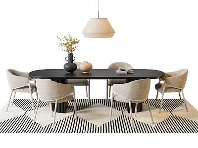Middle Ancient Style Dining Table and Chair Nordic Dining Table Dining Table Potted Plant Ornaments Chandelier Carpet 3d model