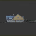 Rural Building Model With Blue Roof Yellow Walls Grass Path And Chimneys