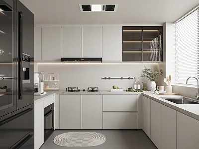 Modern Kitchen Interior With White Cabinets Black Appliances Window Blinds And Circular Rug 3d model