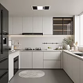 Modern Kitchen Interior With White Cabinets Black Appliances Window Blinds And Circular Rug