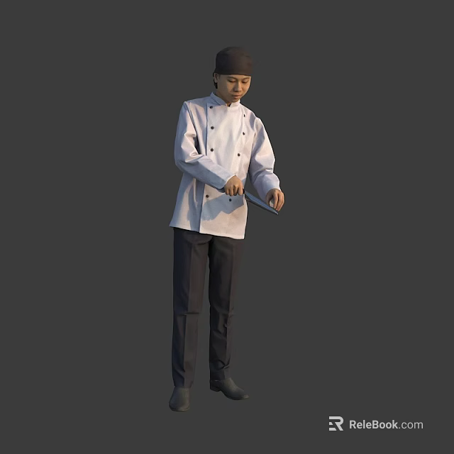 A Man in Professional Chef Uniform and Hat Standing While Holding a Knife 3d model