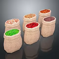 Several Burlap Sacks Filled with Assorted Colored Food Grains on Dark Reflective Surface