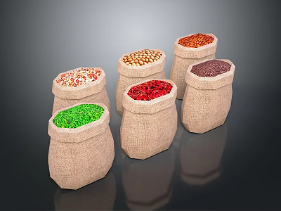 Several Burlap Sacks Filled with Assorted Colored Food Grains on Dark Reflective Surface 3d model