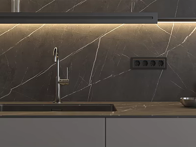 Modern Kitchen Sink with Marble Backsplash and Stainless Steel Faucet in Gray Cabinets 3d model