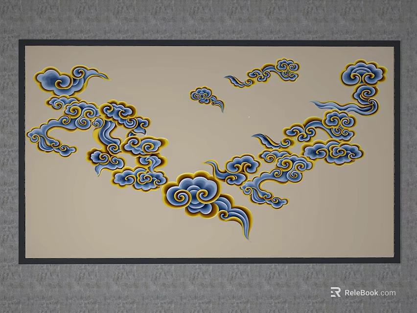 Blue And Yellow Cloud Pattern Decorative Painting With Black Frame And Beige Background 3d model