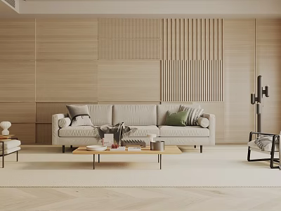 Modern Living Room With Wooden Vertical Slat Wall Gray Sofa Throw Pillows Wooden Coffee Table 3d model
