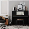 Elegant Room Interior with Black Piano Stool Sheet Music Artwork Frames and Decorative Items