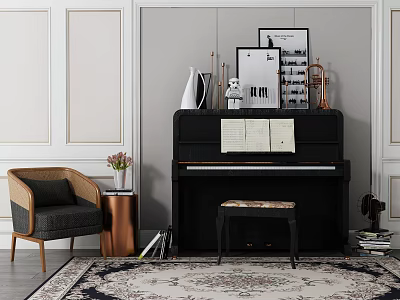 Elegant Room Interior with Black Piano Stool Sheet Music Artwork Frames and Decorative Items 3d model