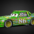 Green Race Car With Number 86 Cartoon Eyes And Decorative Stickers On Body