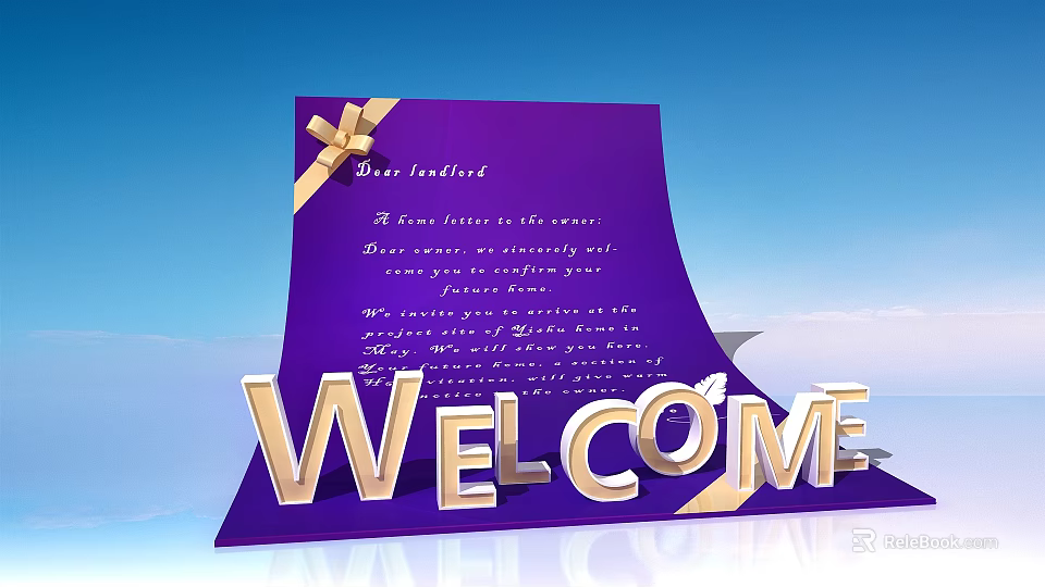 Welcome Display With Purple Card Gold Ribbon And Letter Content Against Blue Sky 3d model 