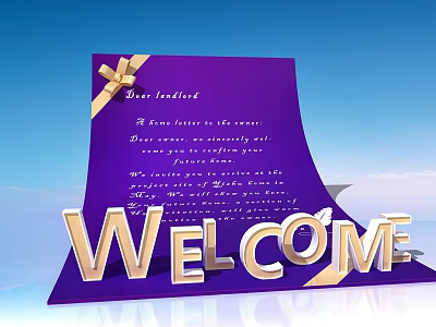 Welcome Display With Purple Card Gold Ribbon And Letter Content Against Blue Sky 3d model