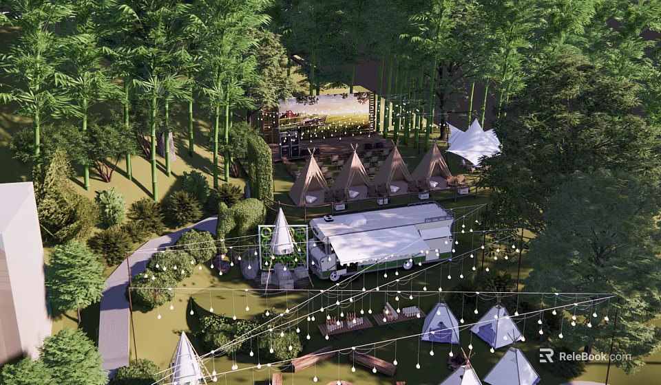 Scenic Forest Camping Site With Tents String Lights And Wooden Pathways 3d model