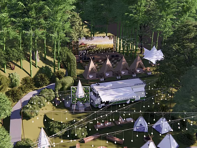 Scenic Forest Camping Site With Tents String Lights And Wooden Pathways 3d model