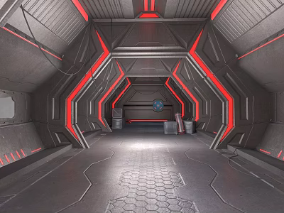 Sci-Fi Corridor Interior Design With Metallic Walls Red Illuminated Lines And Hexagonal Floor Pattern 3d model