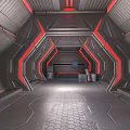 Sci-Fi Corridor Interior Design With Metallic Walls Red Illuminated Lines And Hexagonal Floor Pattern 3d model