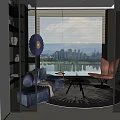 Modern Recreation Room With City View Floor To Ceiling Windows Blue Sofa Round Rug