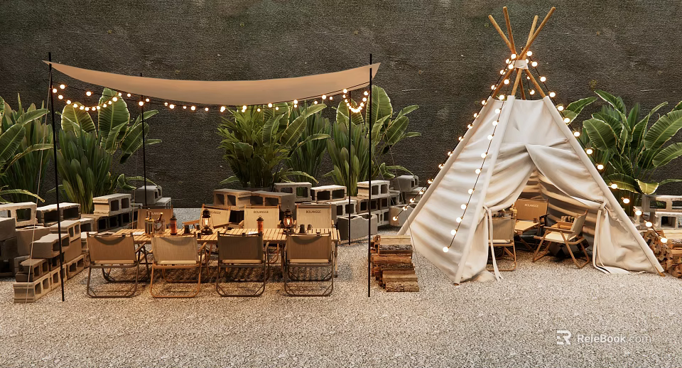 Canvas Tepee Tent With String Lights Tables Chairs And Green Plants On Gravel Ground 3d model 