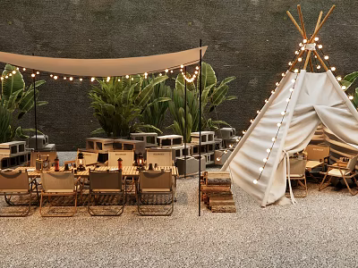 Canvas Tepee Tent With String Lights Tables Chairs And Green Plants On Gravel Ground 3d model