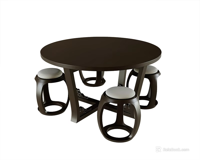 Modern Round Dark Wood Tea Table With Light Cushioned Stools And Cross Legs 3d model 