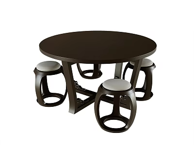 Modern Round Dark Wood Tea Table With Light Cushioned Stools And Cross Legs 3d model
