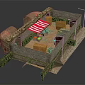 Ancient Stone Building With Arched Structure Red White Striped Awning And Wooden Crates