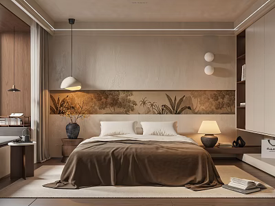 Modern Luxury Bedroom Interior With Brown Bedding Wooden Furniture Plant Mural Pendant Lamp And Carpet 3d model