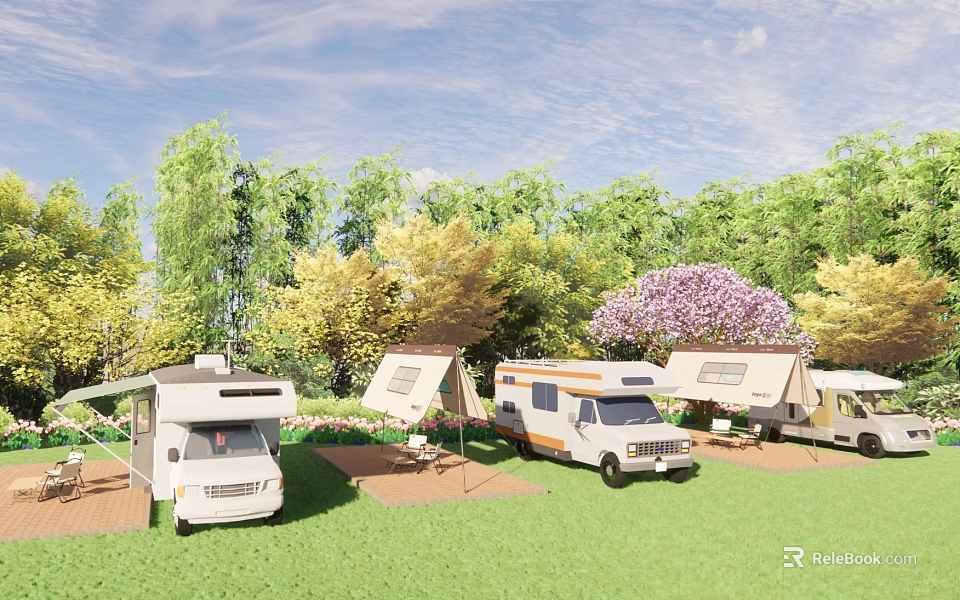 Scenic Campsite With RVs Tents Green Grass And Trees Under Blue Sky 3d model 