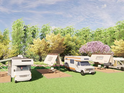 Scenic Campsite With RVs Tents Green Grass And Trees Under Blue Sky 3d model