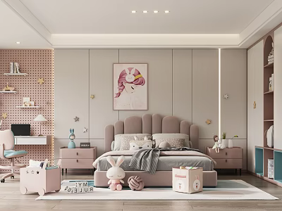 Cozy Kids Room Interior With Soft Bed Artwork Desk Chair And Toy Storage Boxes 3d model