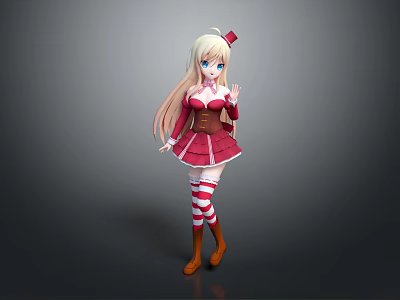 Blonde Anime Character Wearing Red Dress With Red Bow And Striped Socks Waving 3d model