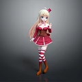 Blonde Anime Character Wearing Red Dress With Red Bow And Striped Socks Waving
