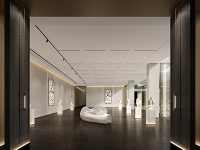 Spacious Modern Exhibition Hall Interior With White Curved Sofa And Wall Artworks 3d model