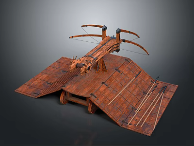 Ancient Wooden Ballista Weapon With Medieval Structure And Mobile Wheels Design 3d model