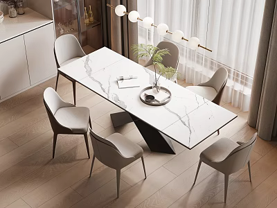 Elegant Dining Table Set With Marble Top Upholstered Chairs And Pendant Lights 3d model