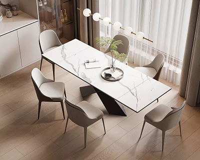 Elegant Dining Table Set With Marble Top Upholstered Chairs And Pendant Lights 3d model