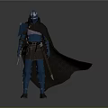 Armored Medieval Warrior In Blue Armor With Helmet Black Cape And Sword