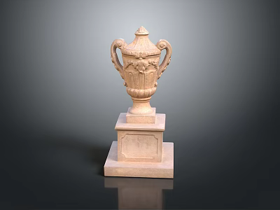 Ornate Carved Stone Vase With Decorative Handles On Two Tiered Square Pedestal Base 3d model