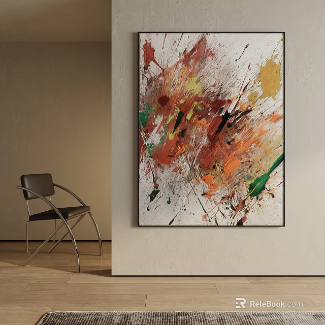 Vibrant Abstract Painting With Red Orange Yellow Green Strokes On White Background And Black Chair 3d model 