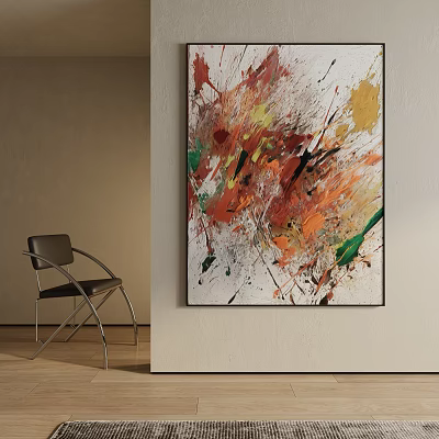 Vibrant Abstract Painting With Red Orange Yellow Green Strokes On White Background And Black Chair 3d model