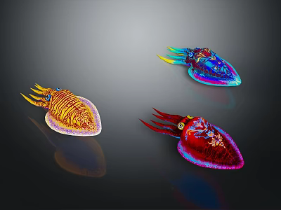 Three Vibrant Colorful Squids With Iridescent Patterns On Dark Background 3d model