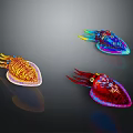 Three Vibrant Colorful Squids With Iridescent Patterns On Dark Background