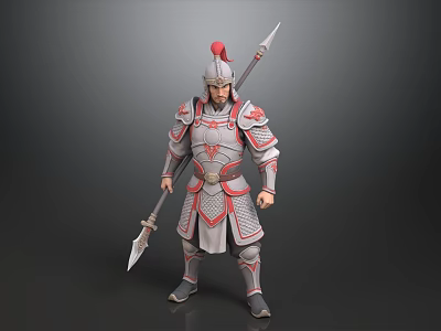 A Man Standing In Silver Gray Armor With Red Accents And Helmet Holding A Spear 3d model
