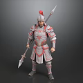 A Man Standing In Silver Gray Armor With Red Accents And Helmet Holding A Spear