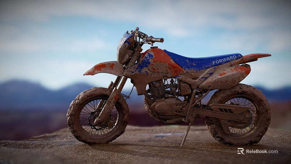 KTM Blue And Orange Muddy Off Road Motorcycle On Mountain Landscape 3d model 