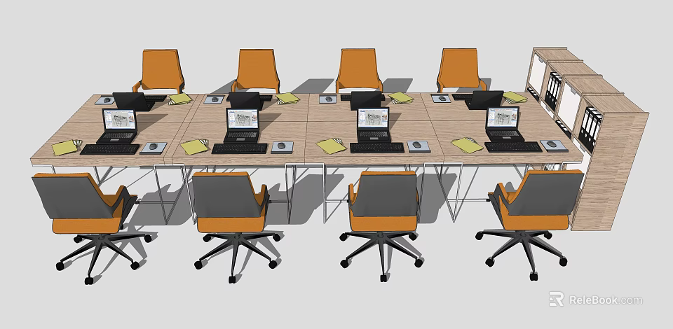 Long Rectangular Office Desk With Laptops Orange Chairs And Documents In Workspace 3d model