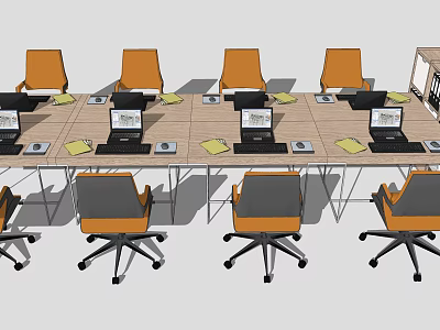 Long Rectangular Office Desk With Laptops Orange Chairs And Documents In Workspace 3d model